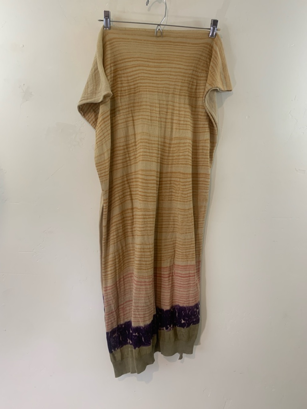 Marika Charles Light Beige Striped Knit Wrap with Pink and Purple Hem
